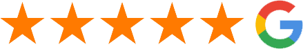 Five orange stars and Google logo representing 5-star Google review rating for Highland Dental Studio Phoenix.