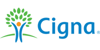 Cigna logo featuring blue text and green stylized figure with colorful leaves symbolizing health and wellness.