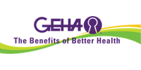 GEHA logo with tagline "The Benefits of Better Health" featuring purple text and green curved design elements.