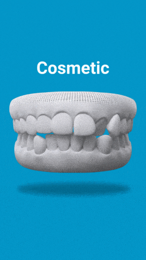 Dental model showing cosmetic teeth alignment and whitening against blue background with "Cosmetic" label.