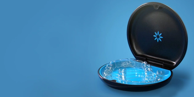 Black spherical device with blue snowflake symbol opens to reveal digital interface on blue background.