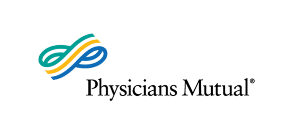Physicians Mutual logo featuring teal and gold infinity symbol with company name text