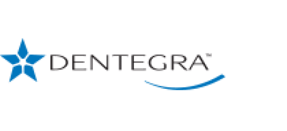 Dentegra logo featuring blue star icon and company name with curved accent line