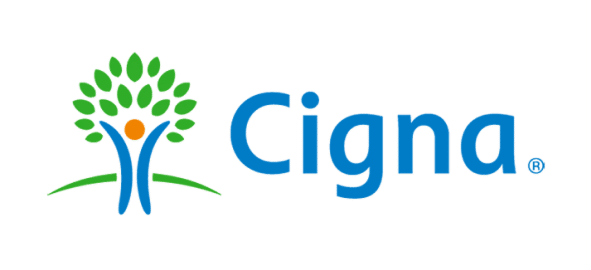 Cigna insurance logo featuring blue text and stylized tree with person figure in center.